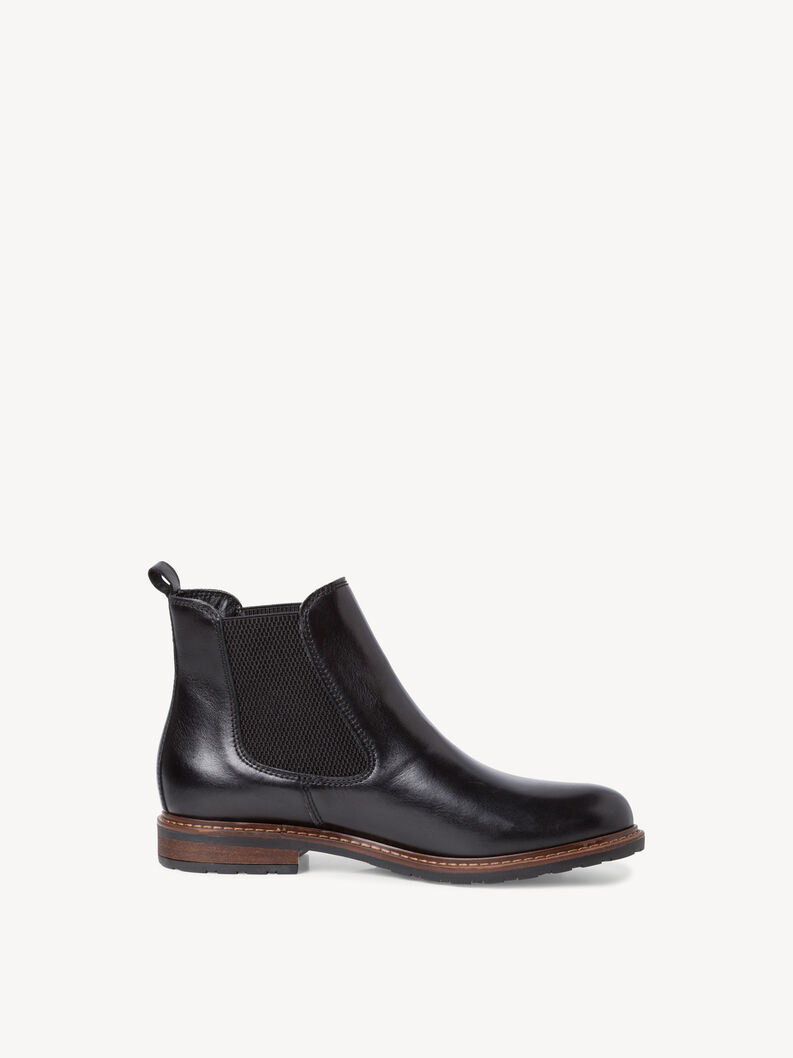 Black leather Chelsea boots with elastic side panel and brown sole