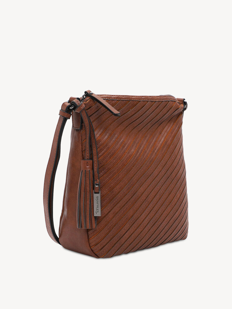 Side view of brown leather crossbody bag with tassel and diagonal pattern