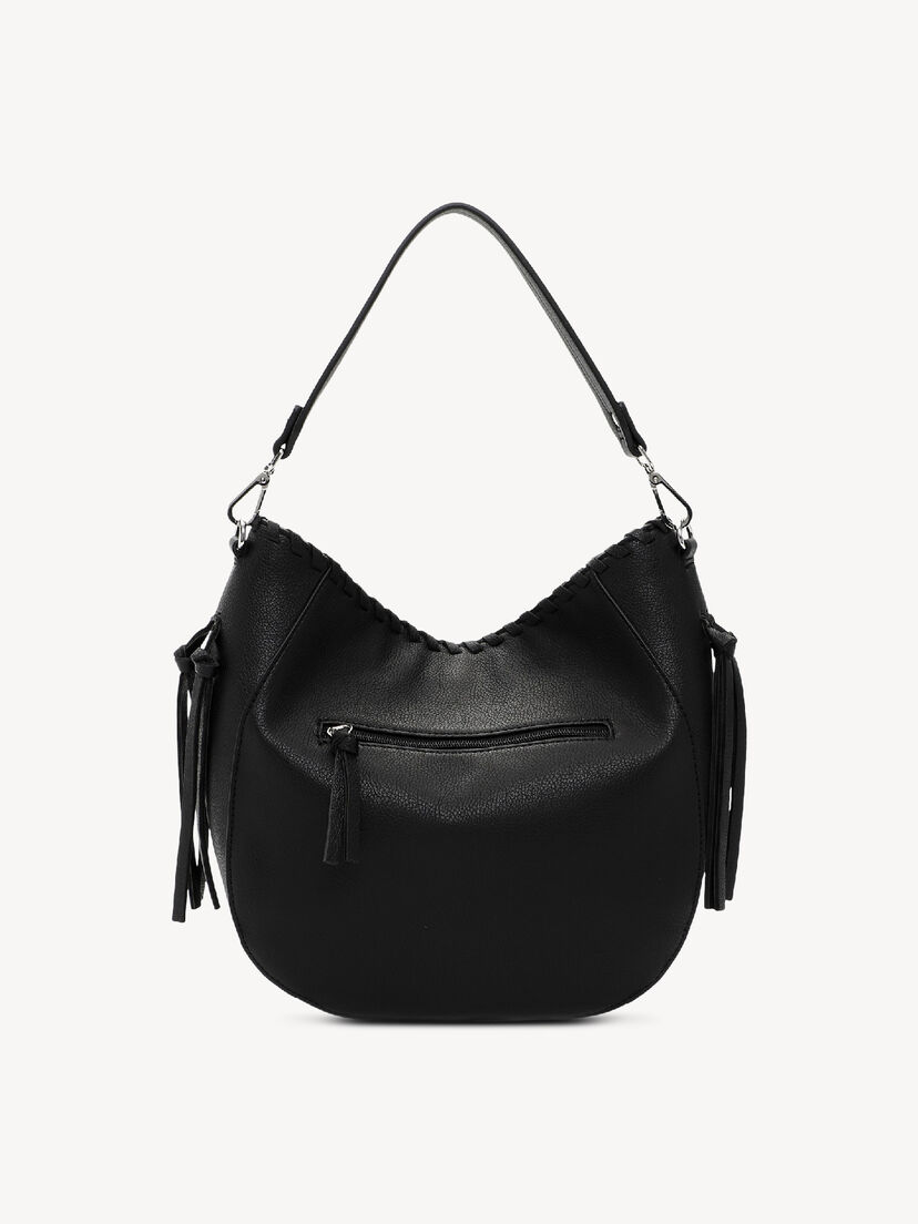 Zwarte leren handtas met buitenzak en gevlochten rand