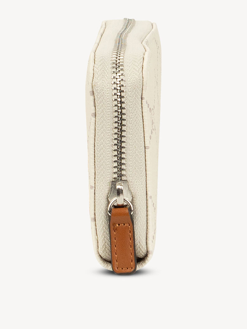 Close-up of cream wallet zipper with brown leather pull tab