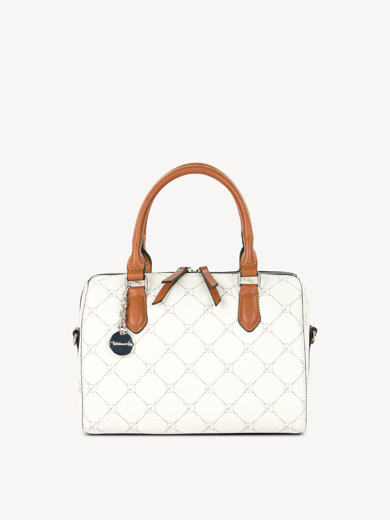 Widok z przodu białej torebki z brązowymi uchwytami i wzorem