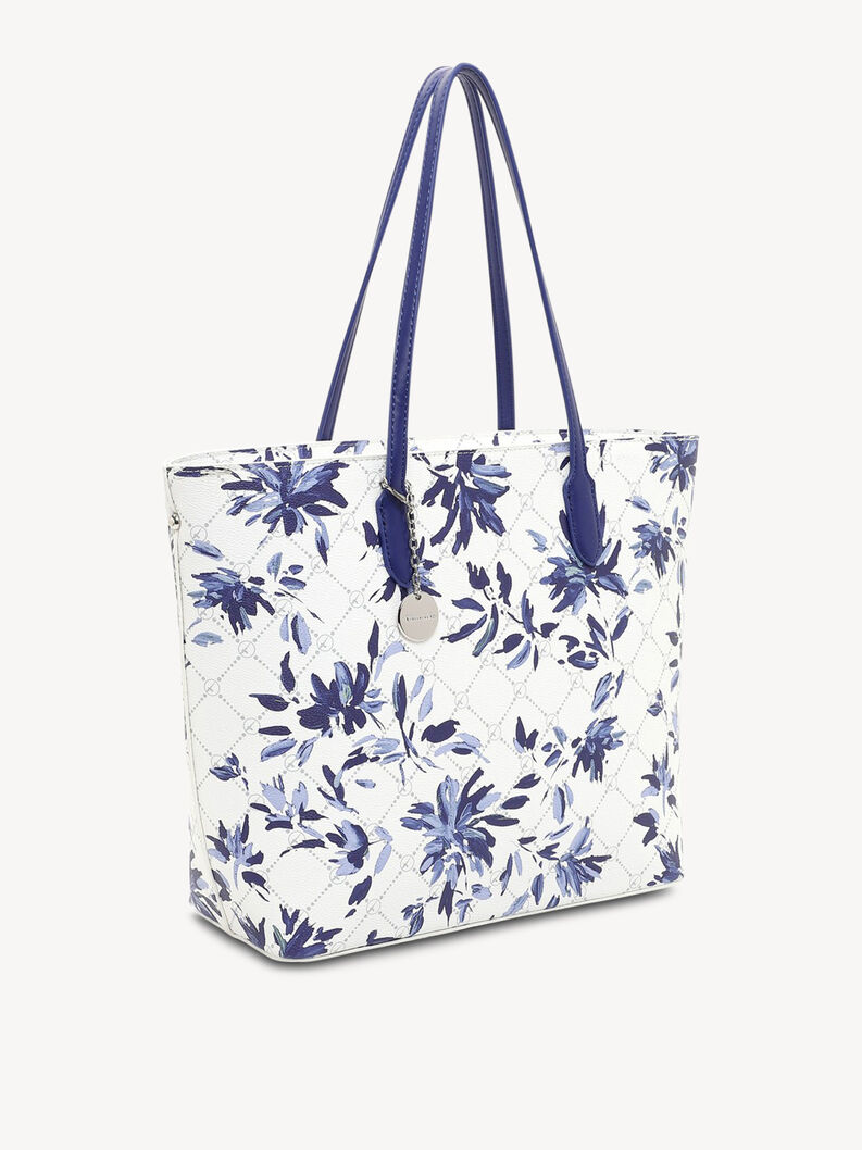 Seitenansicht einer wei&szlig;en Blumen-Tasche mit blauen Griffen