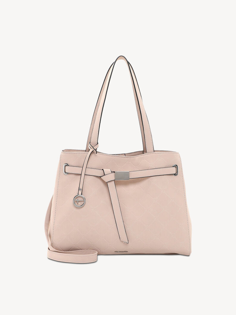 Pink women's faux leather handbag with quilted pattern and silver accents