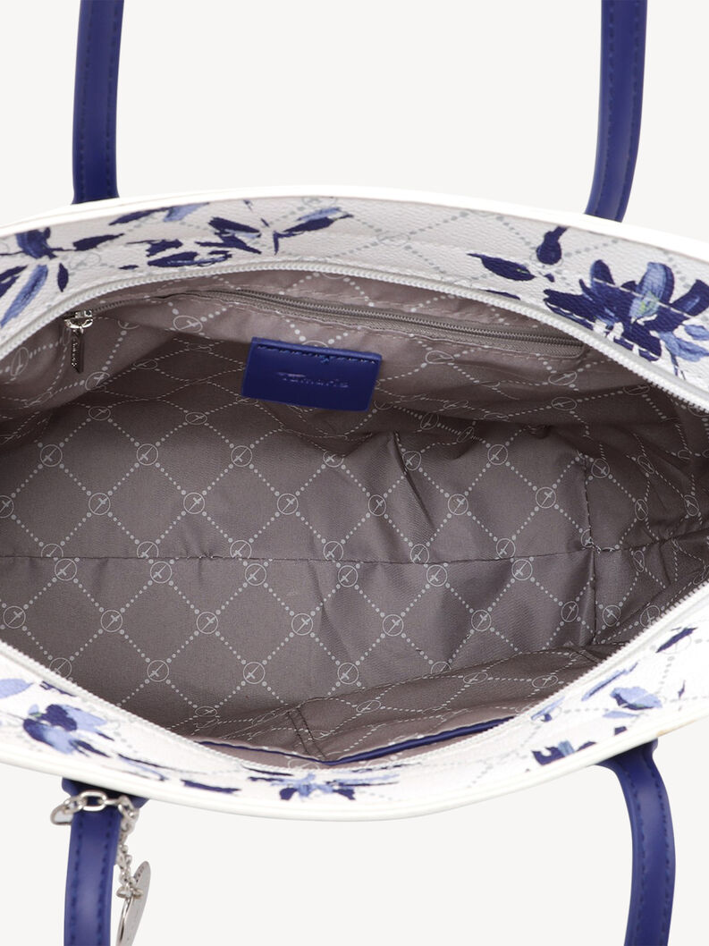 Detailaufnahme des Innenraums der wei&szlig;en Blumen-Tasche mit Stofffutter