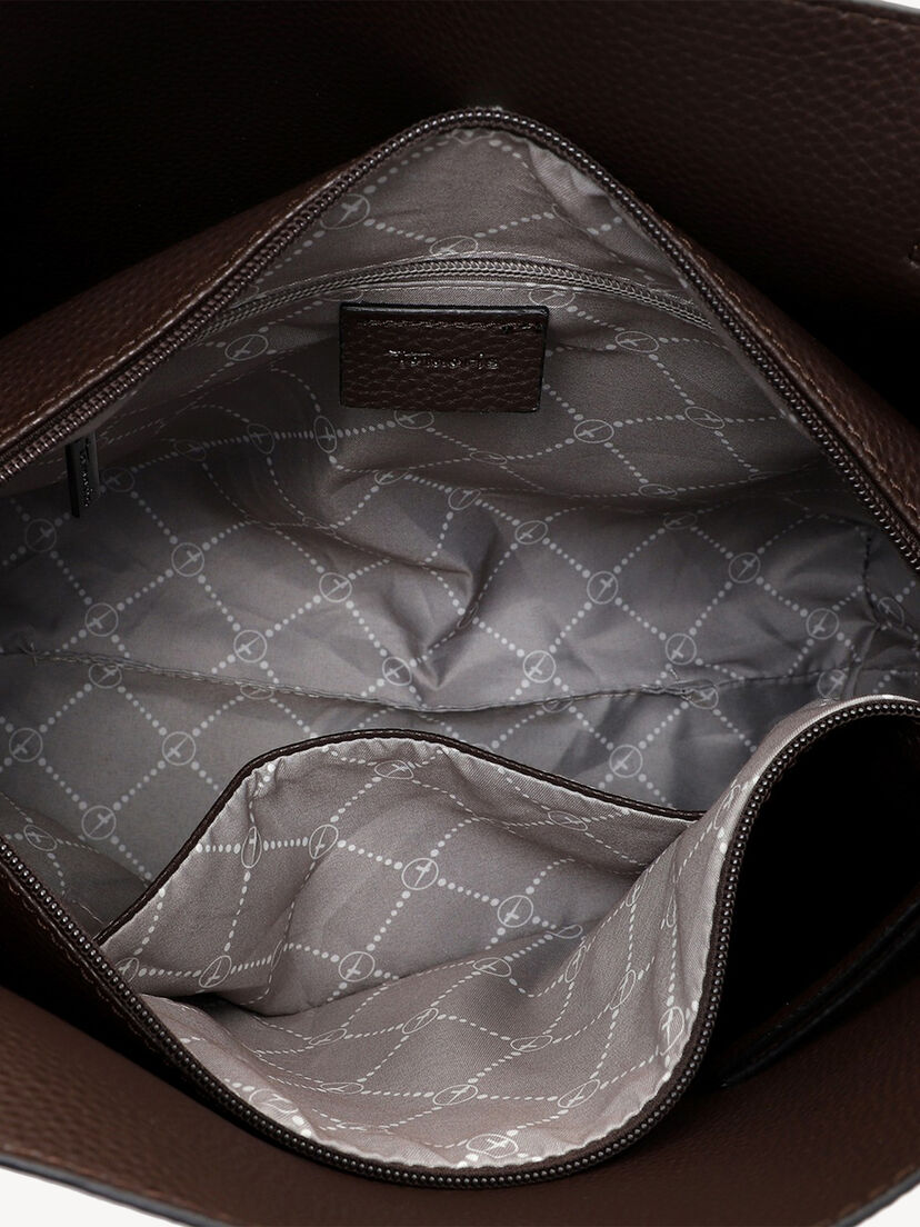 Gem&ecirc;leerde voering met ritsvak in bruine leren handtas