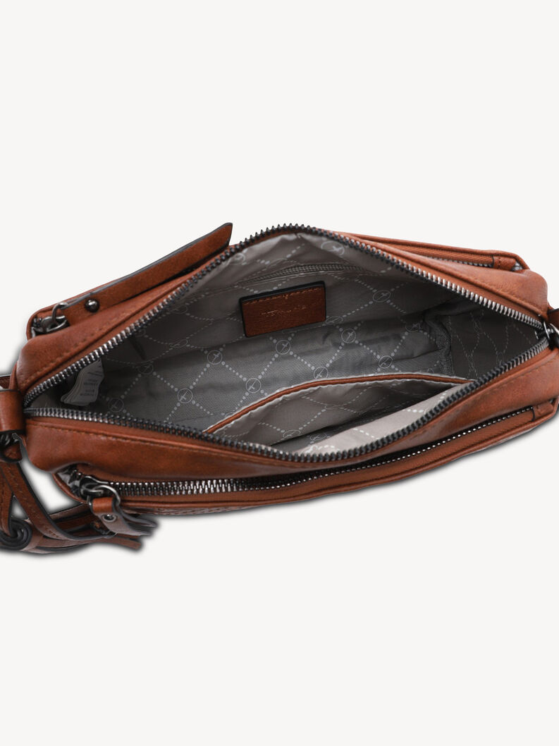 Vue ouverte de l&rsquo;int&eacute;rieur d&rsquo;un sac en cuir marron avec poche int&eacute;rieure