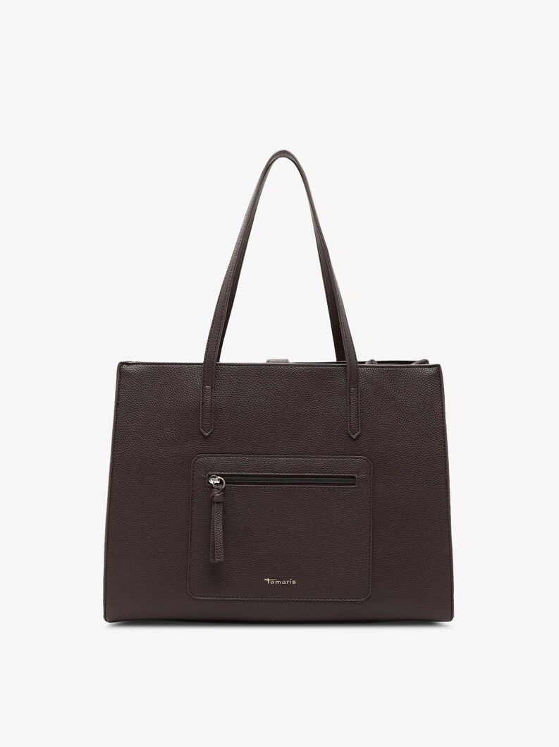 Ciemnobrązowa sk&oacute;rzana torebka damska z przednią kieszenią na zamek i logo