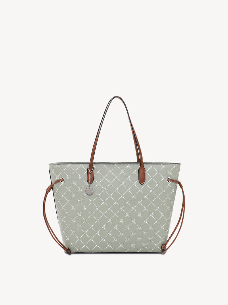 Gr&uuml;ne Tasche mit braunen Ledergriffen und gemustertem Design