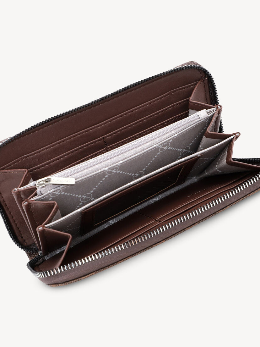Binnenkant van bruine Tamaris portemonnee met meerdere vakken en ritssluiting