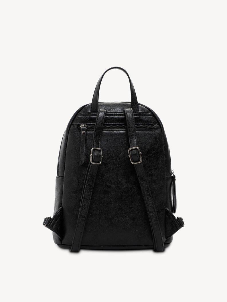 R&uuml;ckansicht eines schwarzen Kunstleder-Rucksacks mit verstellbaren Gurten und Tasche