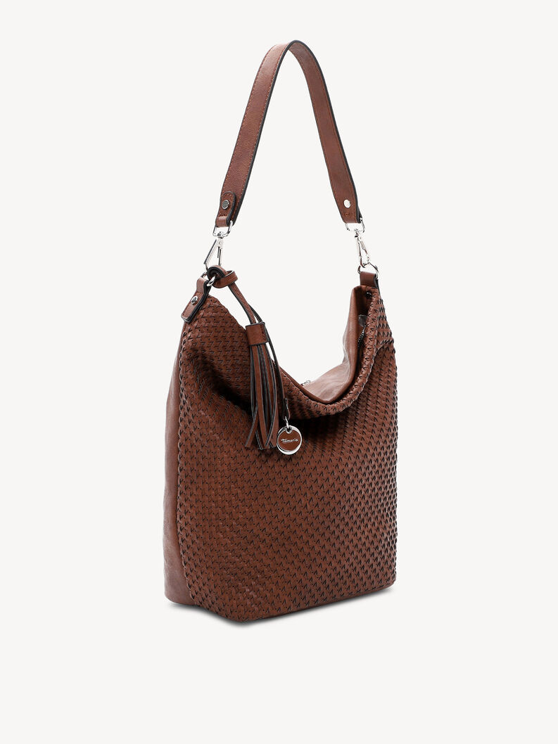 Side view of brown leather handbag with woven design and tassel