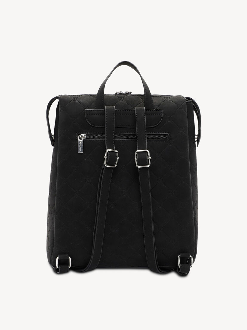 Achteraanzicht van zwarte gewatteerde leren rugzak met verstelbare riemen