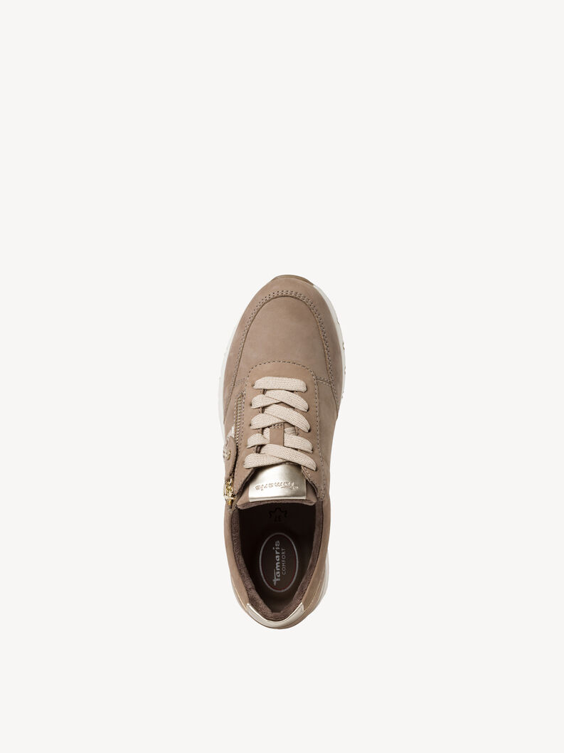 Top view of beige women's sneaker with laces