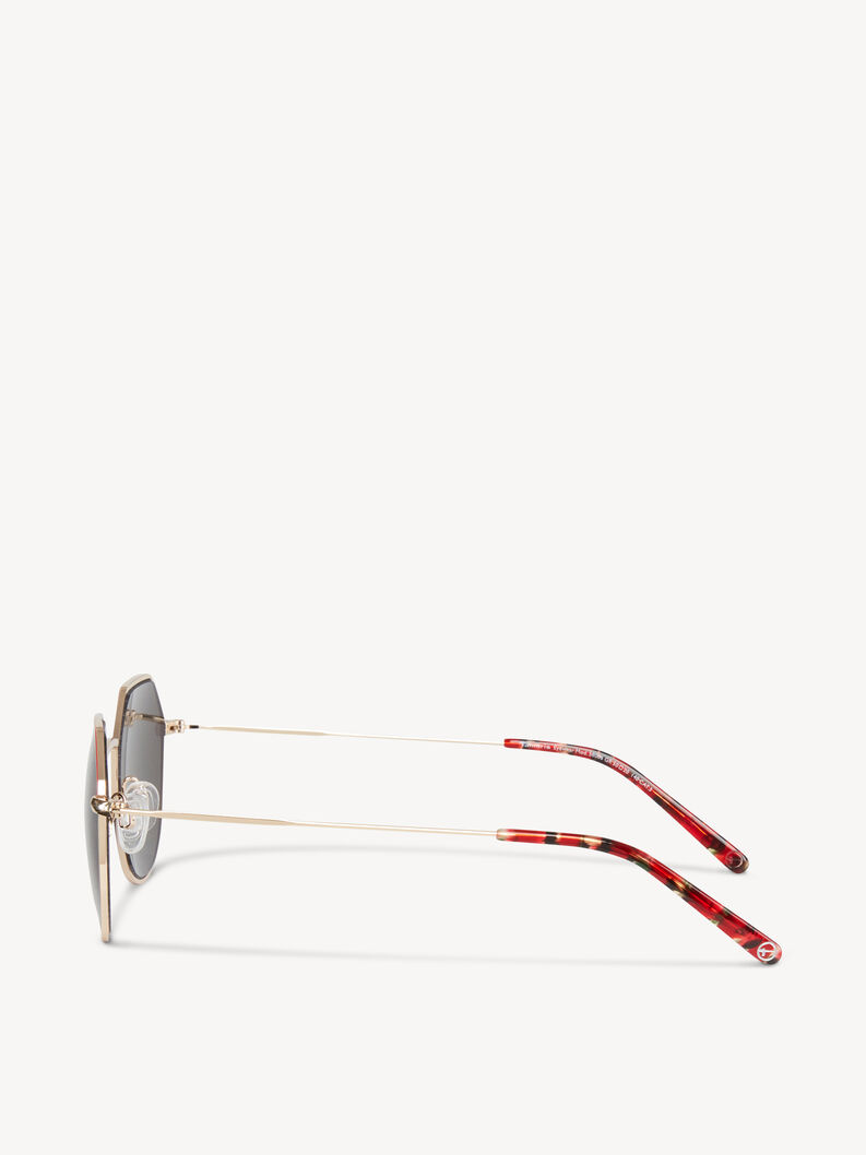 Profile view of gold-red metal sunglasses with dark lenses