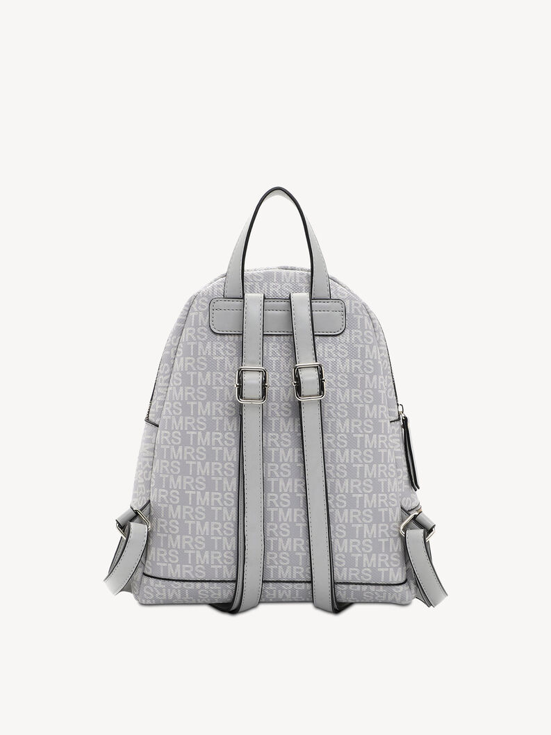Vista posteriore dello zaino grigio con scritte bianche e spallacci regolabili