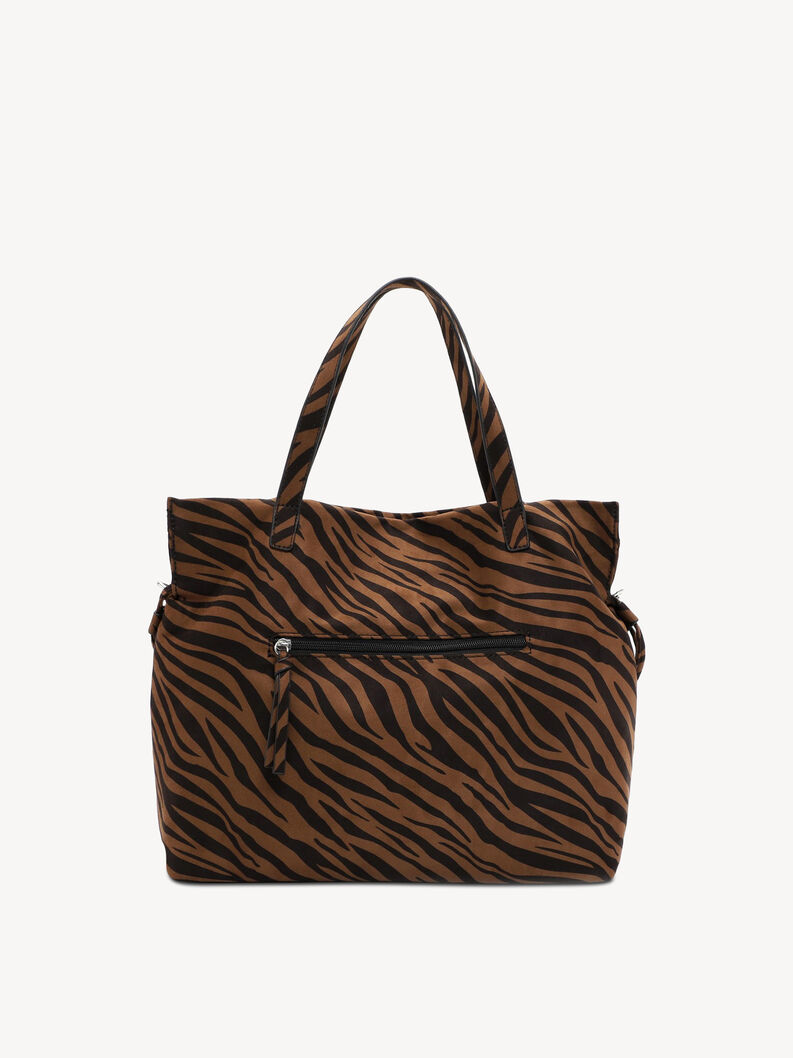 R&uuml;ckseite der braunen Zebratasche mit Au&szlig;entasche und Rei&szlig;verschluss