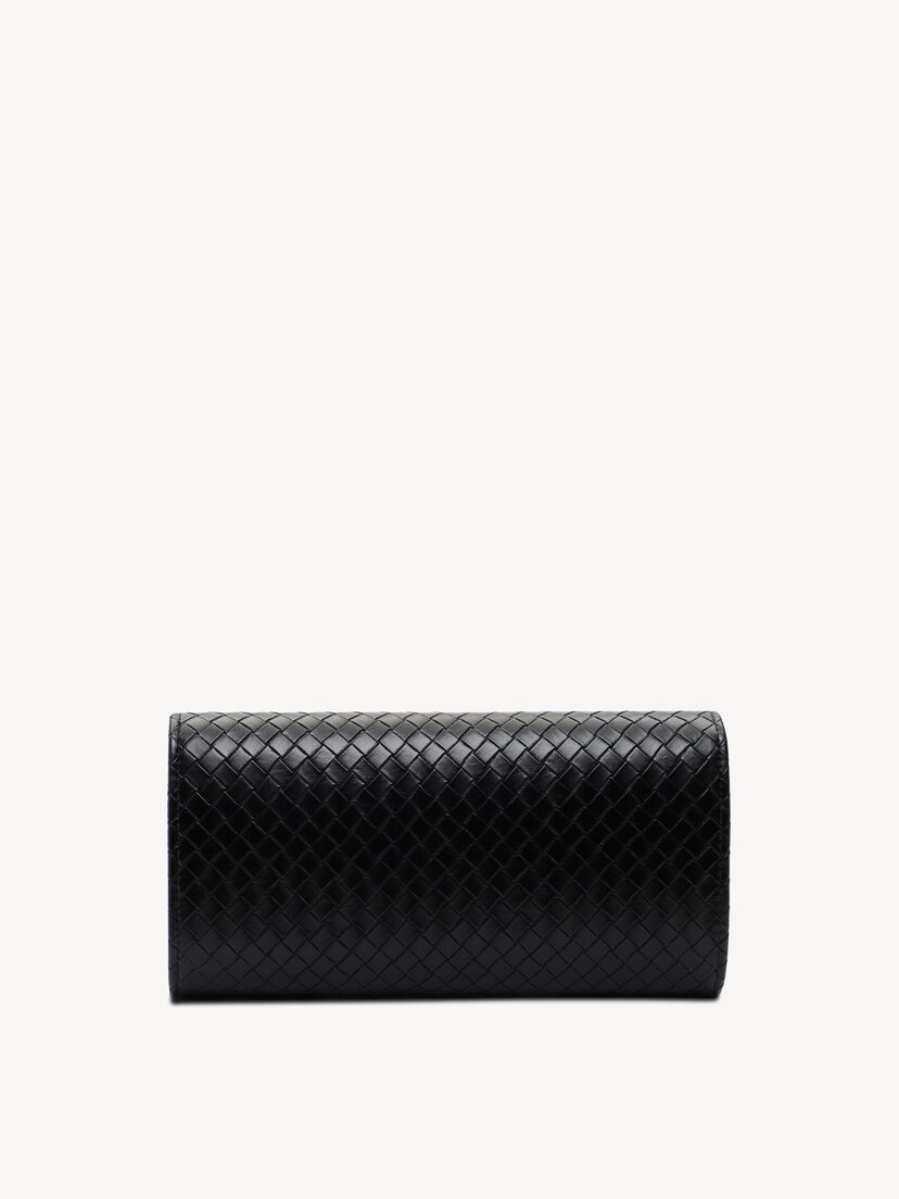Achterkant van zwarte dames clutch met geweven leerlook zonder details