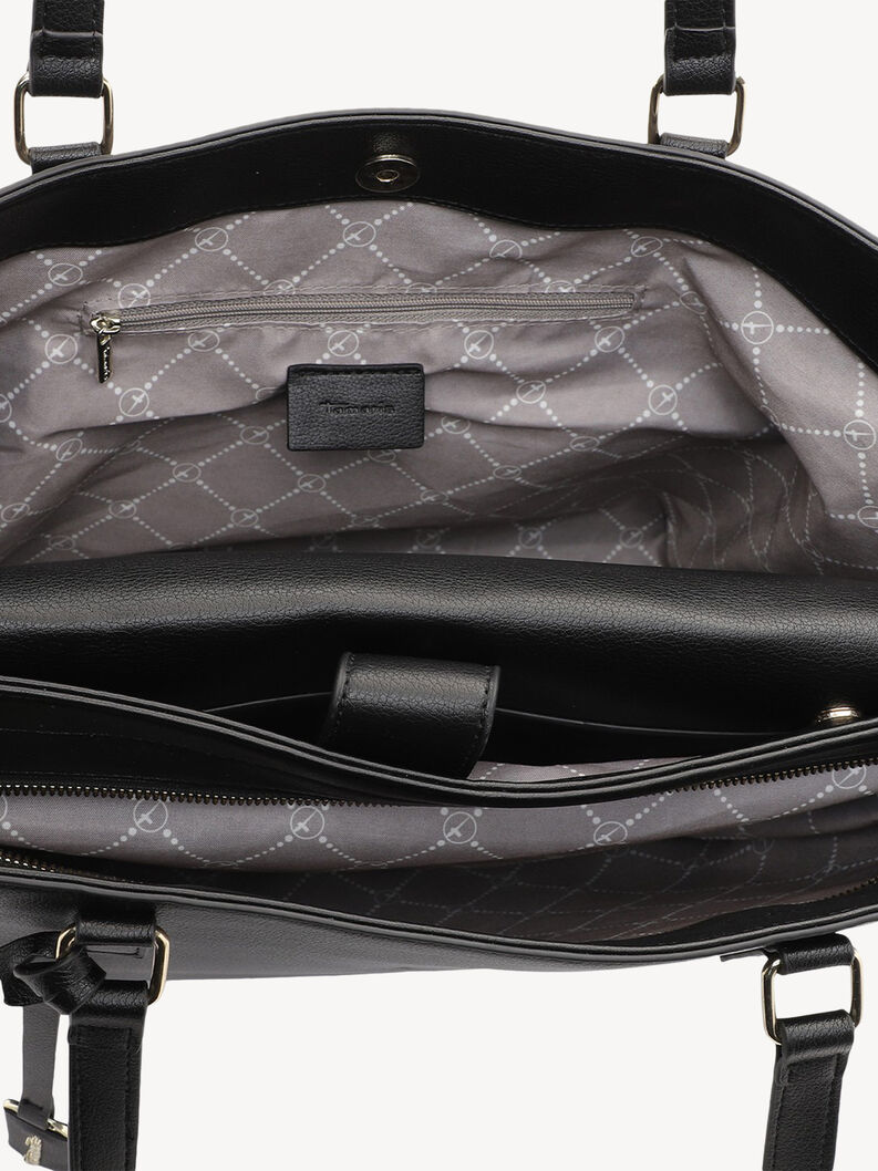 Szczeg&oacute;ł wnętrza czarnej sk&oacute;rzanej damskiej torby z kieszenią na suwak