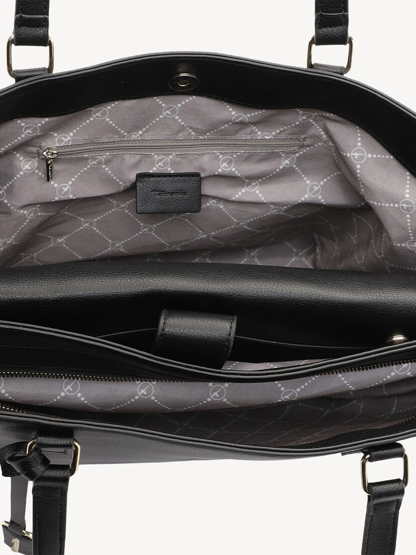 Interieurdetail zwarte leren damestas met ritssluiting vak