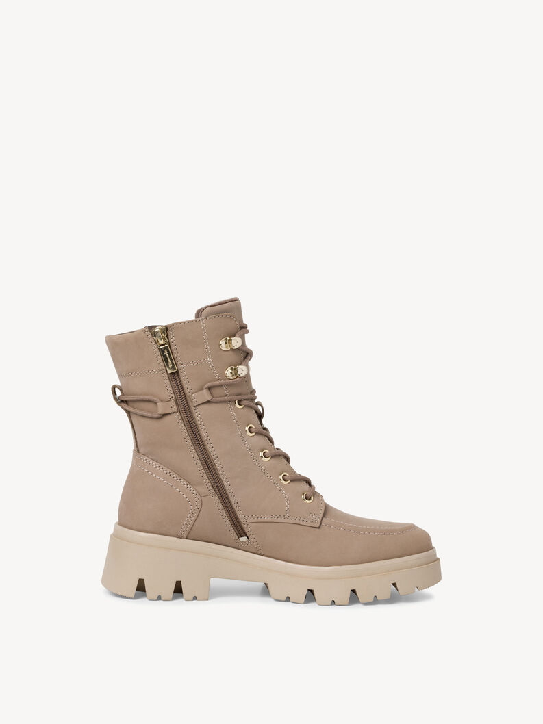 Beige leather ankle boot with chunky sole, zipper, and laces