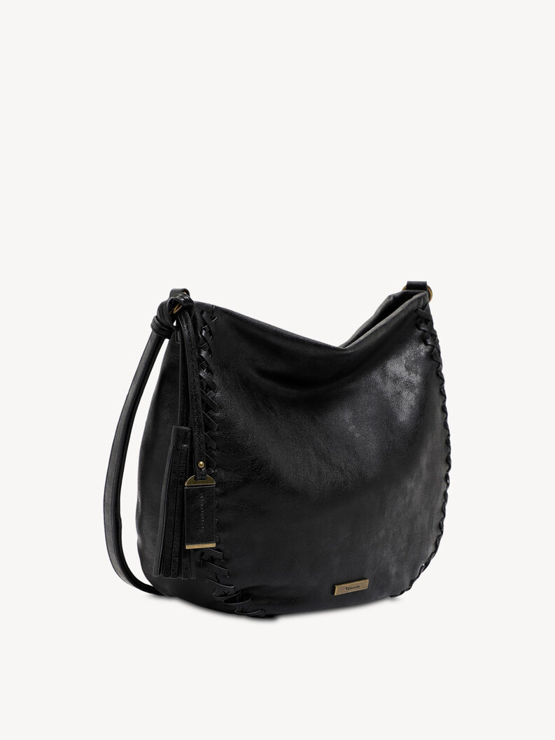 Black faux leather crossbody bag with stitched decorative details