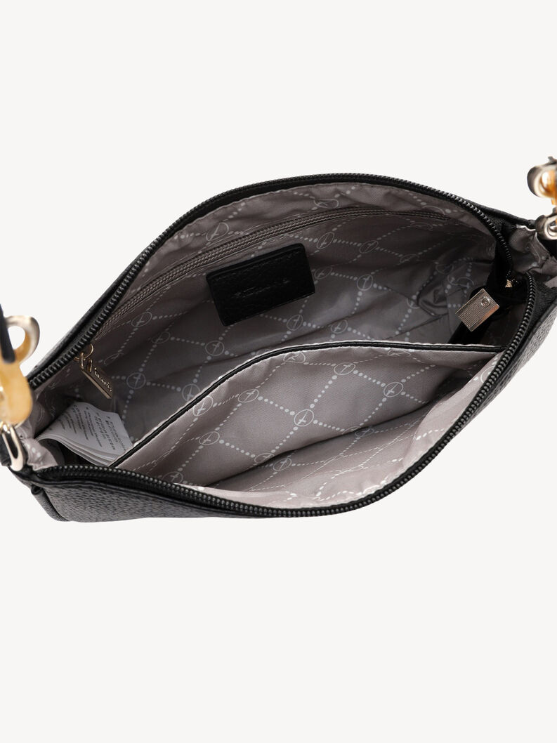 Close-up of black leather handbag interior with zip pocket, gray lining