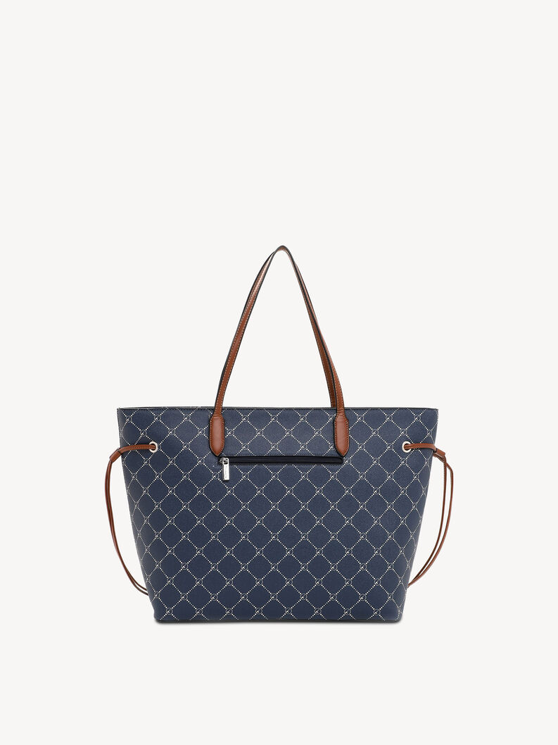 Tył niebieskiej torby shopper z kieszenią na zamek i sk&oacute;rzanymi uchwytami