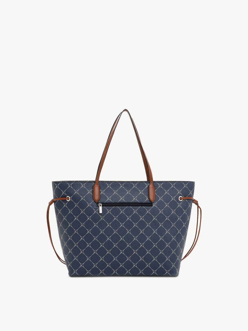 Achterkant van blauwe shopper tas met ritsvak en leren handvatten