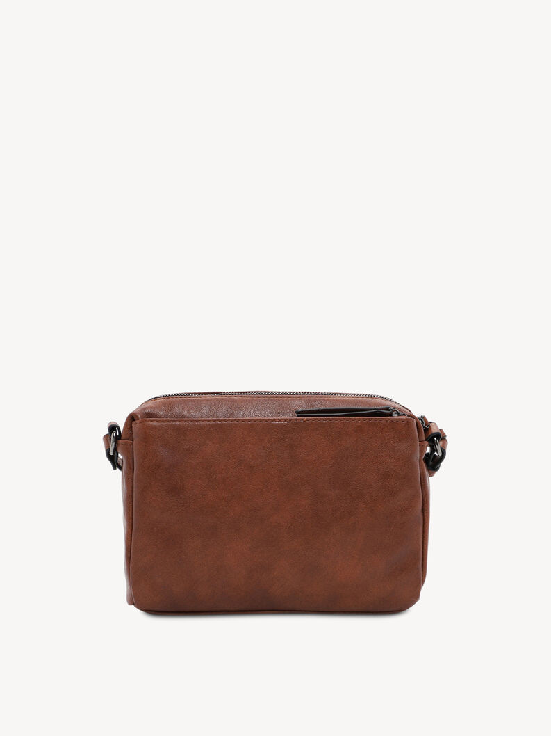 Vue arri&egrave;re d&rsquo;un sac bandouli&egrave;re en cuir marron &agrave; surface lisse