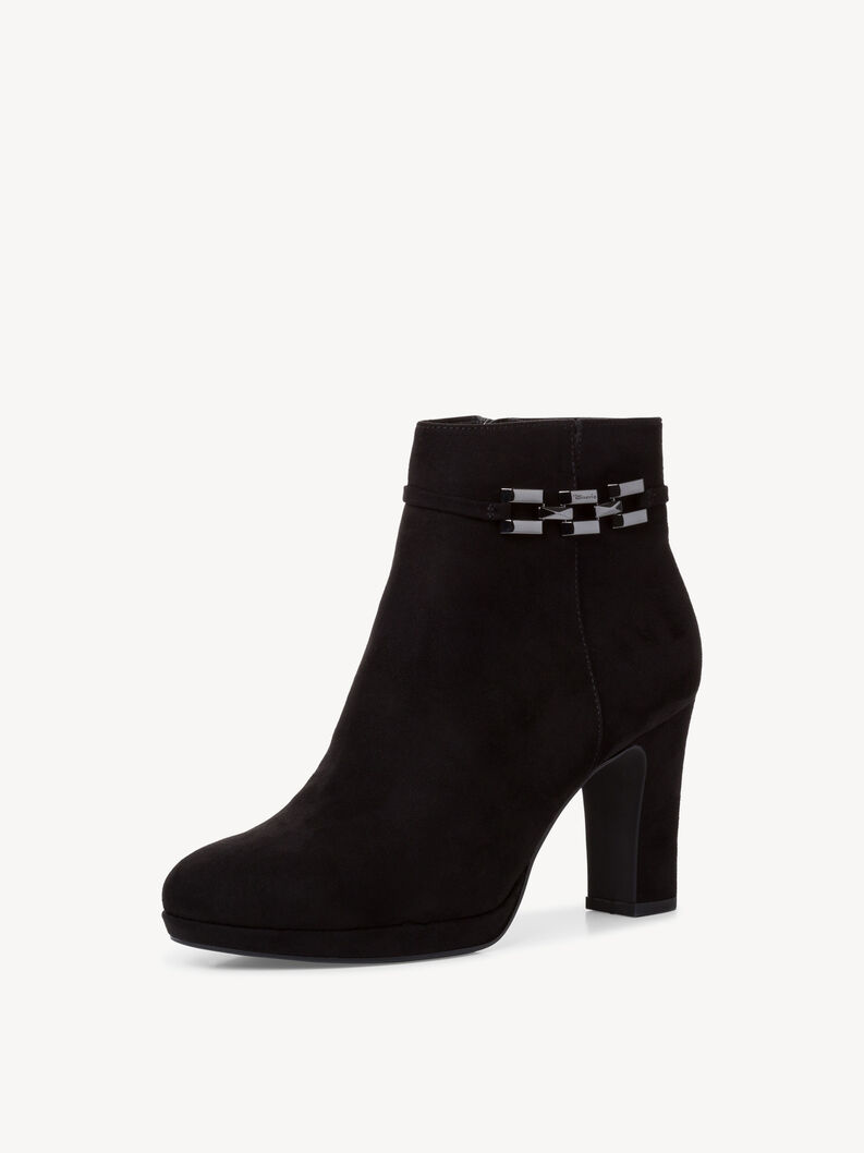 Bottines &eacute;l&eacute;gantes en daim noir avec talon &eacute;pais et boucle d&eacute;corative