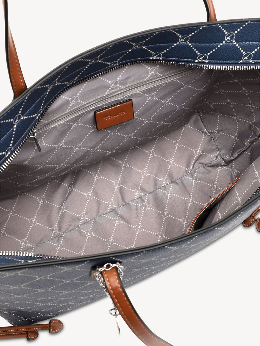 Binnenkant van blauwe shopper tas met grijze patroonvoering en ritssluitingvak