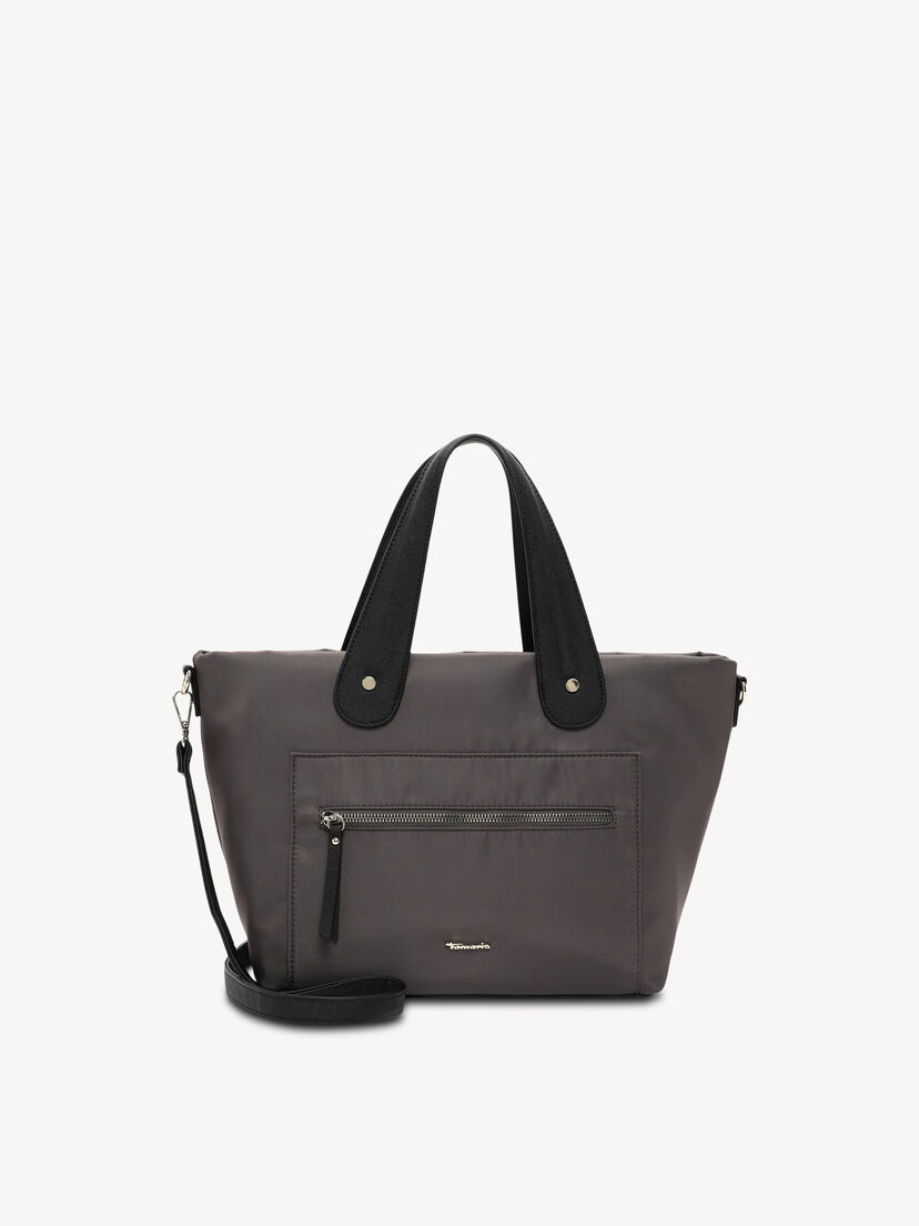 Grijze nylon handtas met zwarte handvatten en voorvak met rits