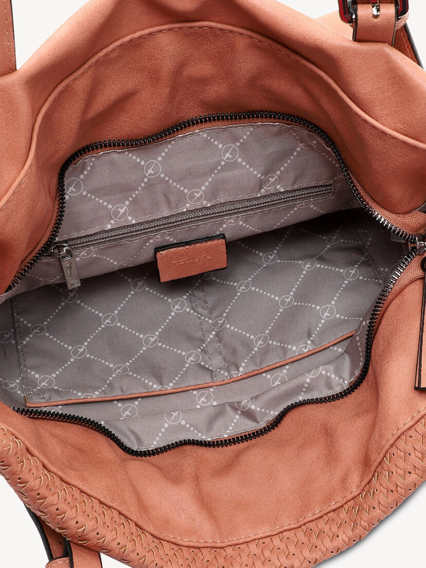 Detail van zalmkleurige tas met ritssluiting en grijze voering