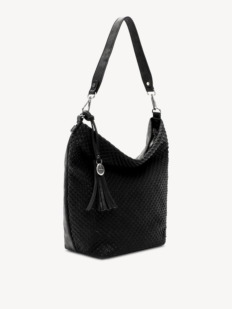 Widok boczny czarnej plecionej torby na ramię ze sztucznej sk&oacute;ry z chwostem