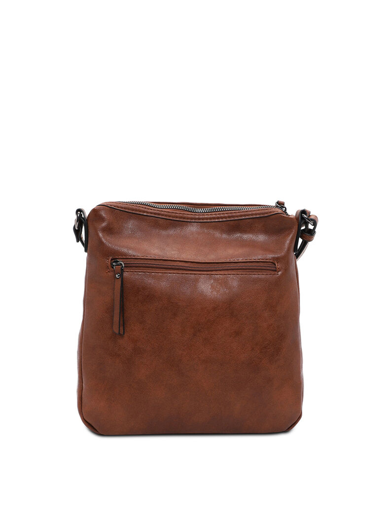 Back view of brown leather crossbody bag with zipper pocket