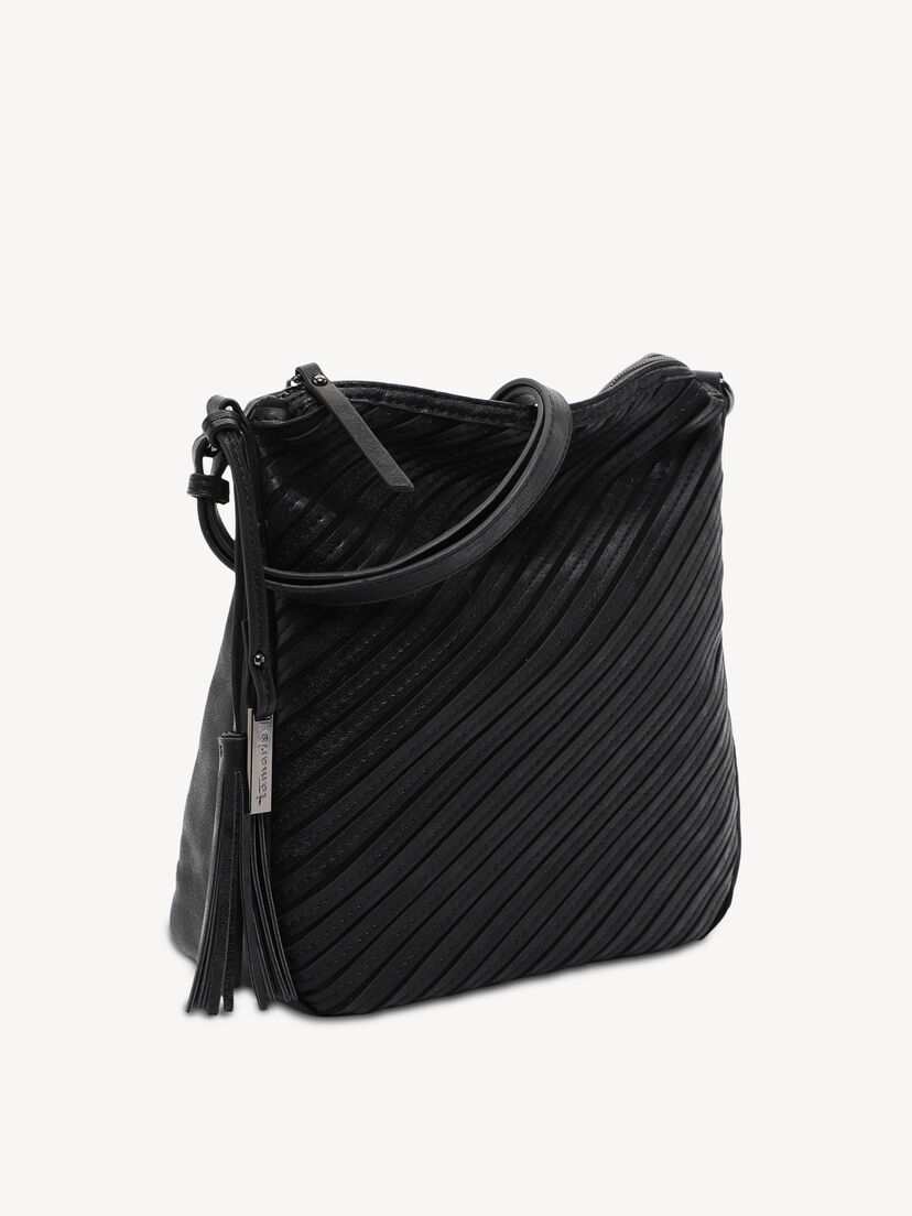 Stijlvolle zwarte leren tas met diagonale strepen en verstelbare band