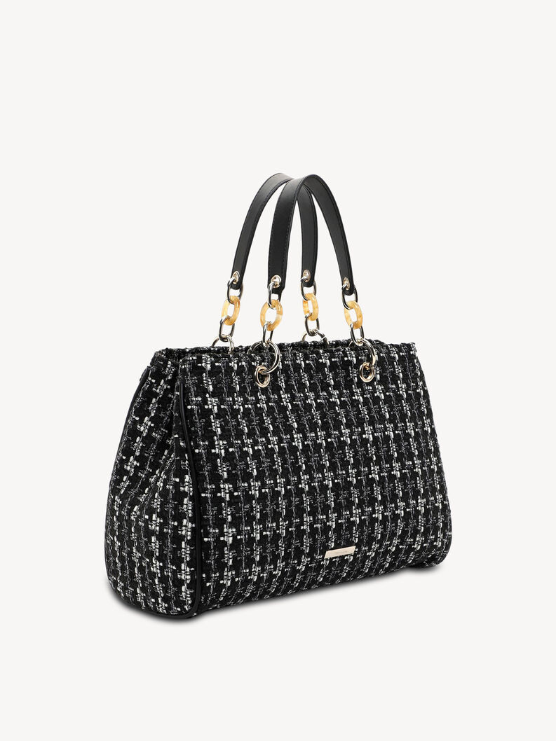Seitenansicht einer schwarzen gewebten Tasche mit Ledergriffen und Ketten
