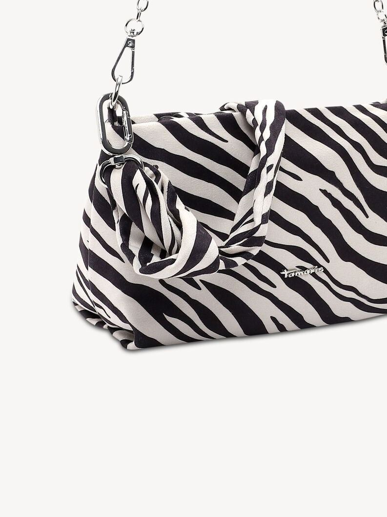 D&eacute;tail du n&oelig;ud en tissu et du logo sur sac &eacute;paule z&egrave;bre