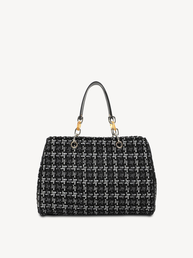 R&uuml;ckansicht einer eleganten schwarzen gewebten Tasche mit silbernen Details