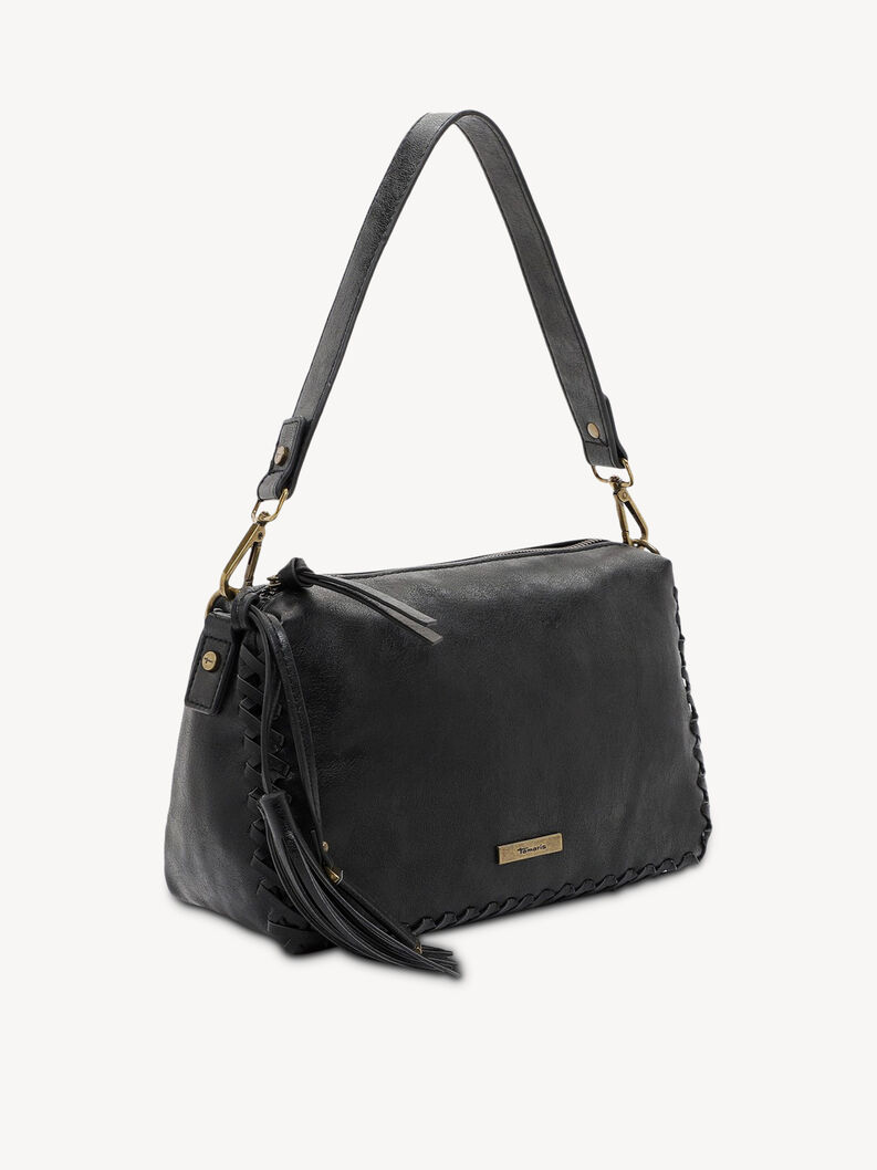 Schwarze Lederhandtasche mit breitem Tr&auml;ger und verzierten Kanten