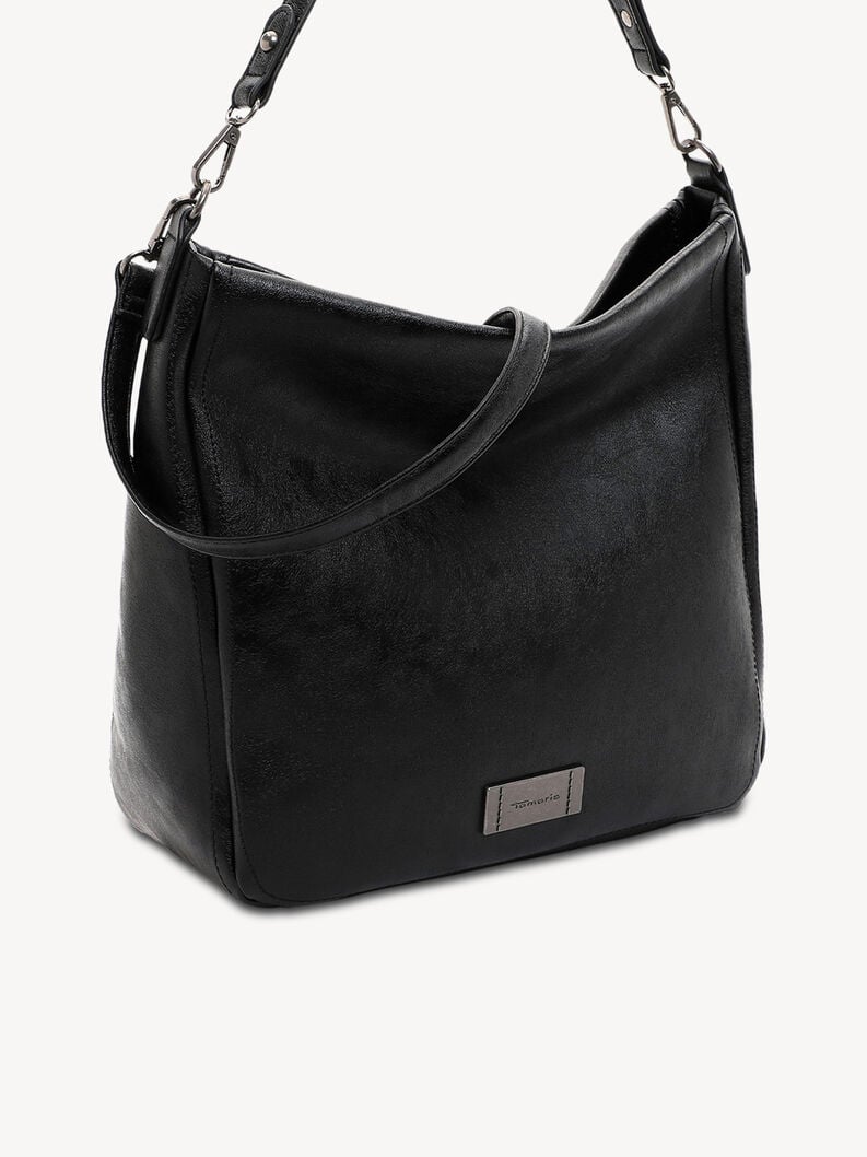 Schwarze Lederhandtasche mit zwei Tr&auml;gern und Metalllogo vorne