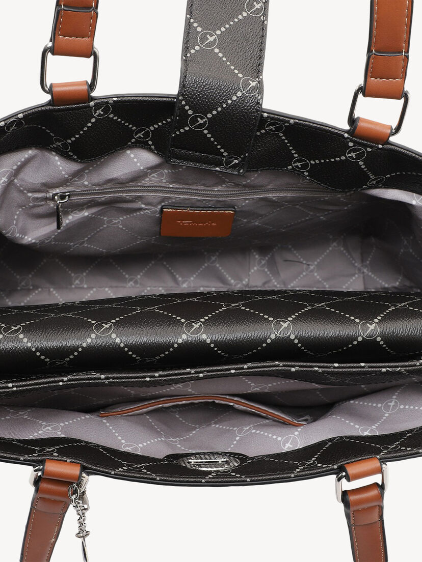 Binnenkant van handtas met grijze patroon textiel voering