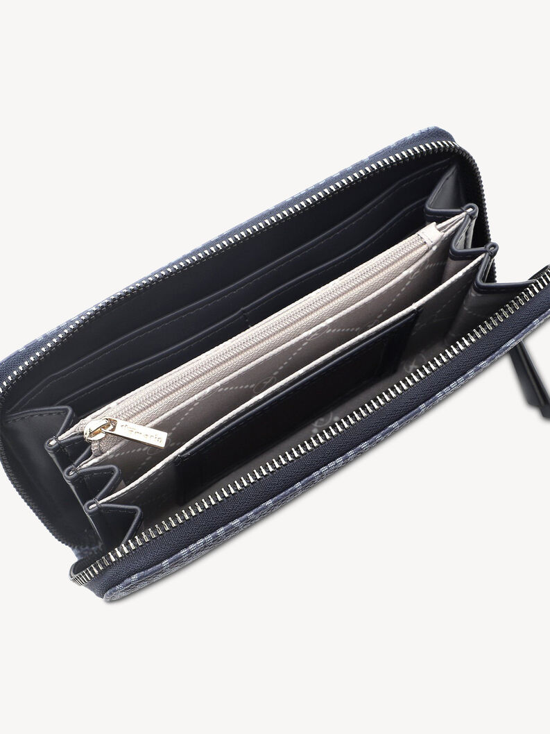 Interior of dark blue wallet with compartments and zipper