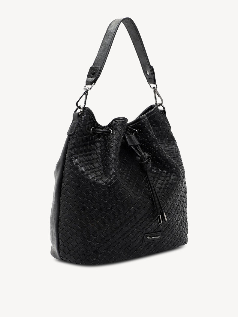 Schwarze Lederhandtasche seitlich mit geflochtenem Muster und Kordelzug