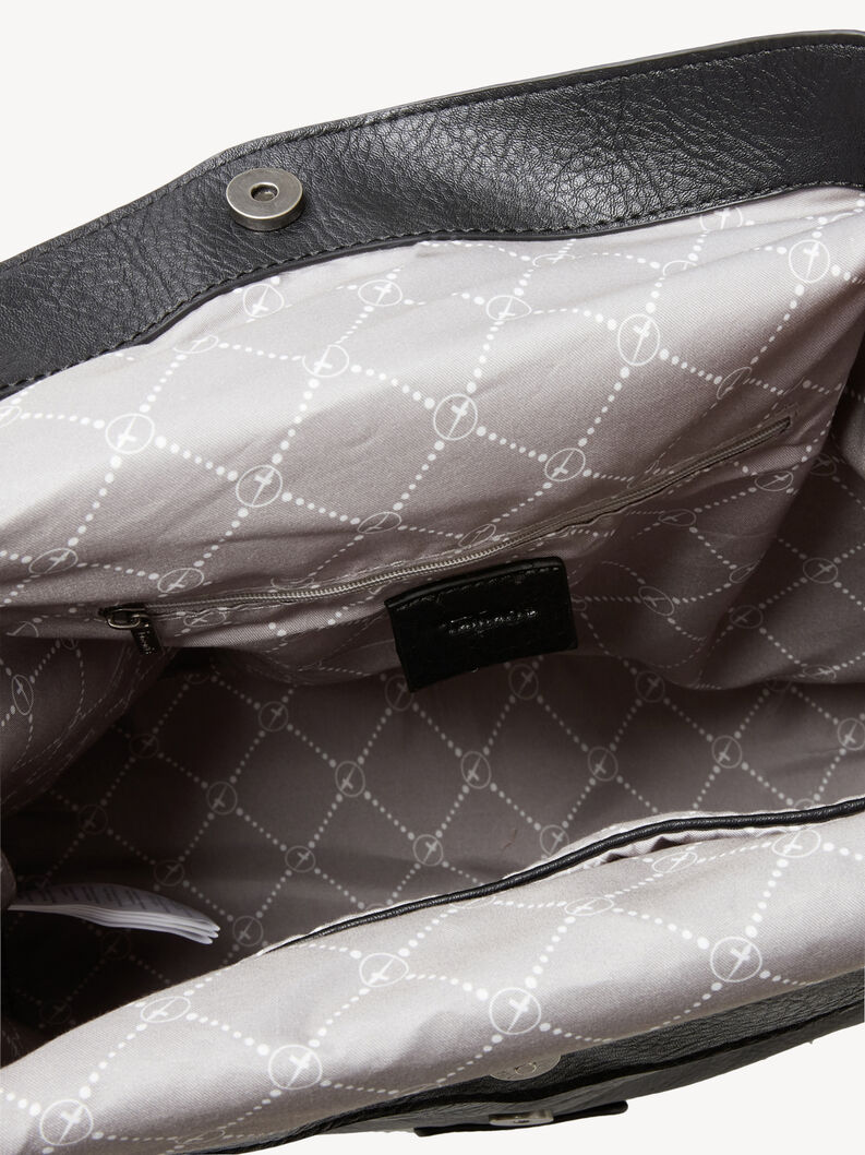 Detailansicht des Innenfutters der schwarzen Lederhandtasche mit Rei&szlig;verschluss