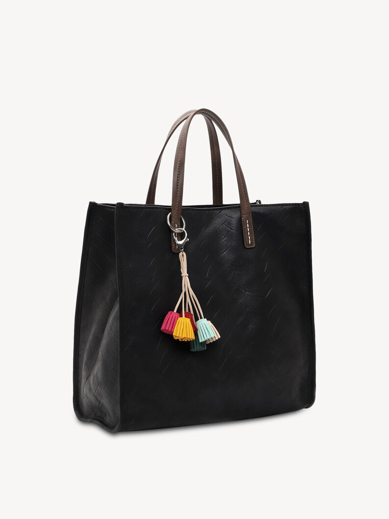 Seitenansicht einer schwarzen Kunstledertasche mit bunten Quasten