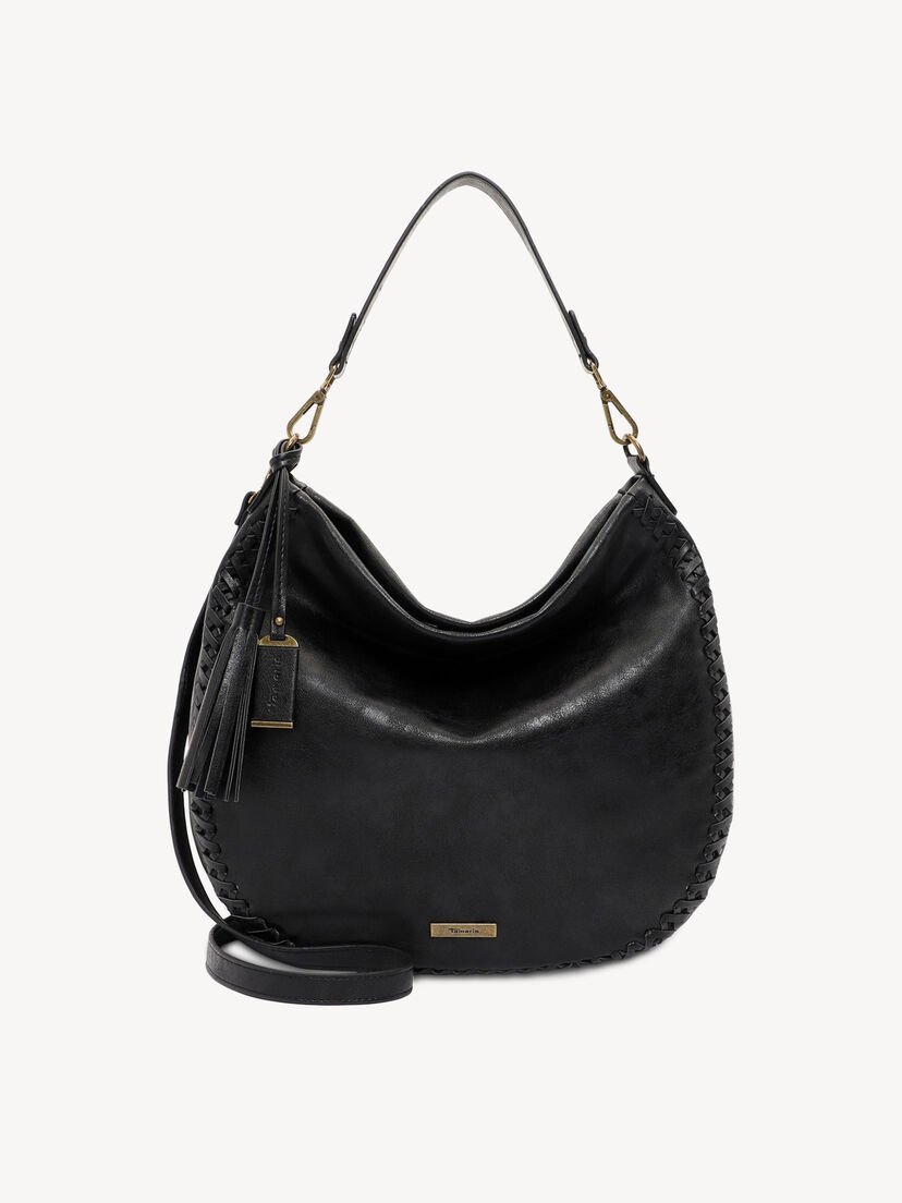 Zwarte leren hobo tas met gevlochten randen en tassel detail