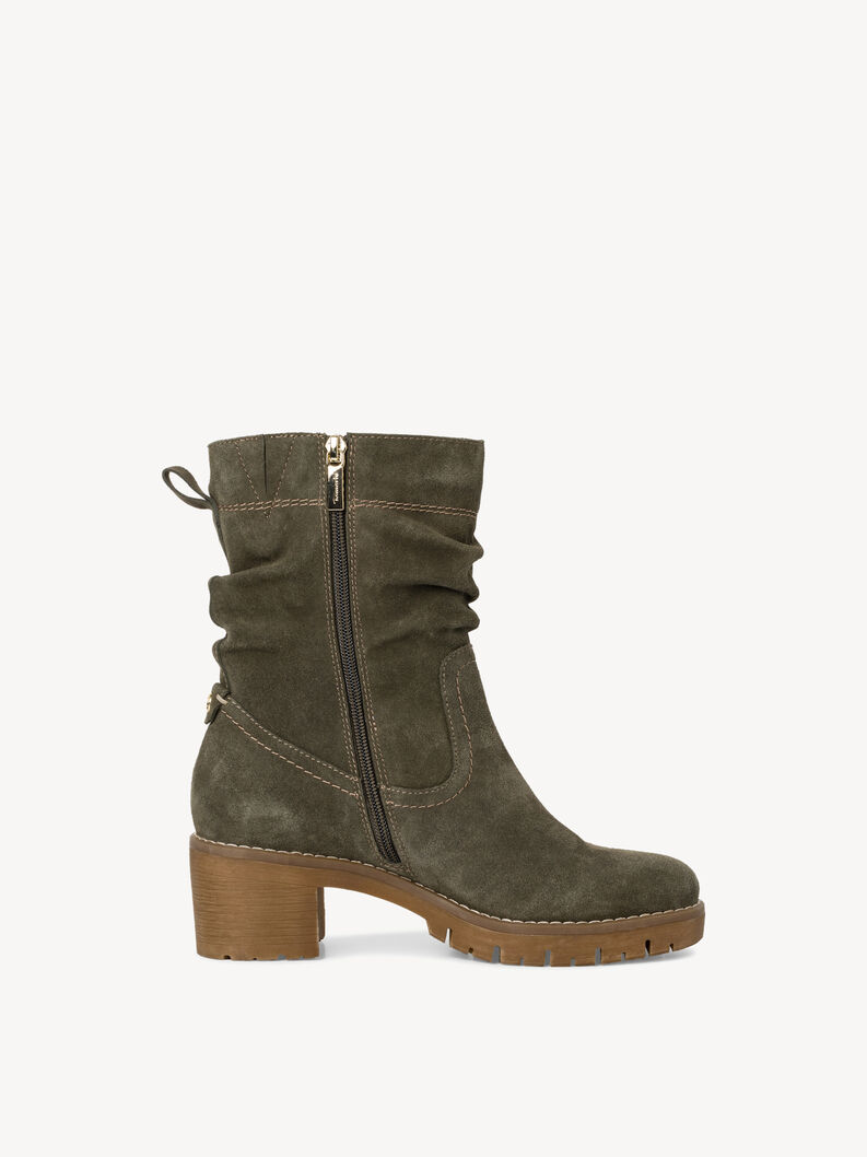 Olivgr&uuml;ne Wildleder-Stiefelette mit seitlichem Rei&szlig;verschluss und Blockabsatz