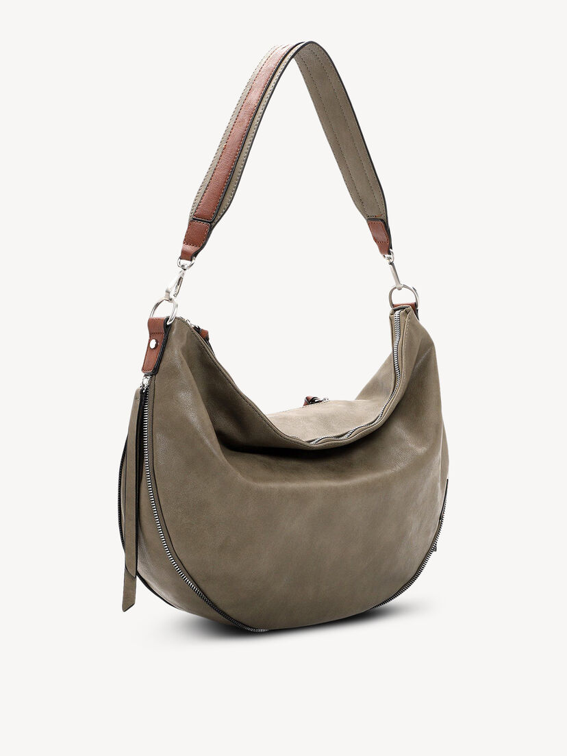 Schuine kijk op khaki tas met bruine riem en rits