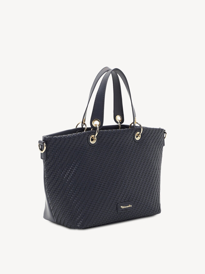 Dark blue woven bag with double handles and gold metal rings